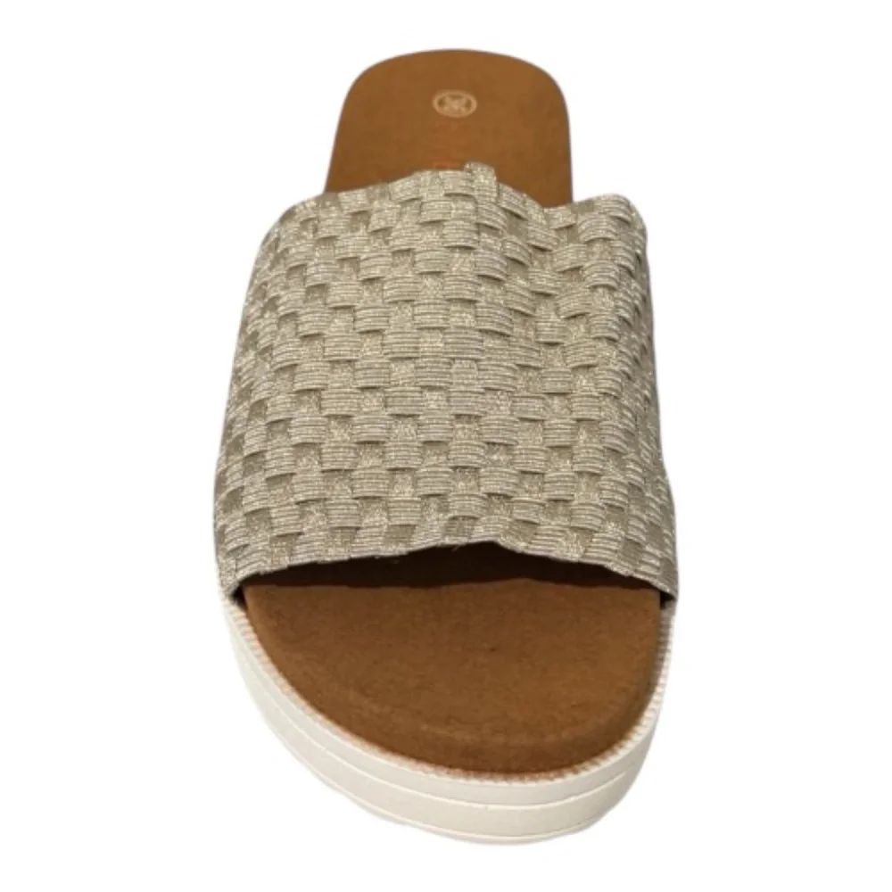bernie mev. Cream Woven Slide Sandal with Brown Footbed